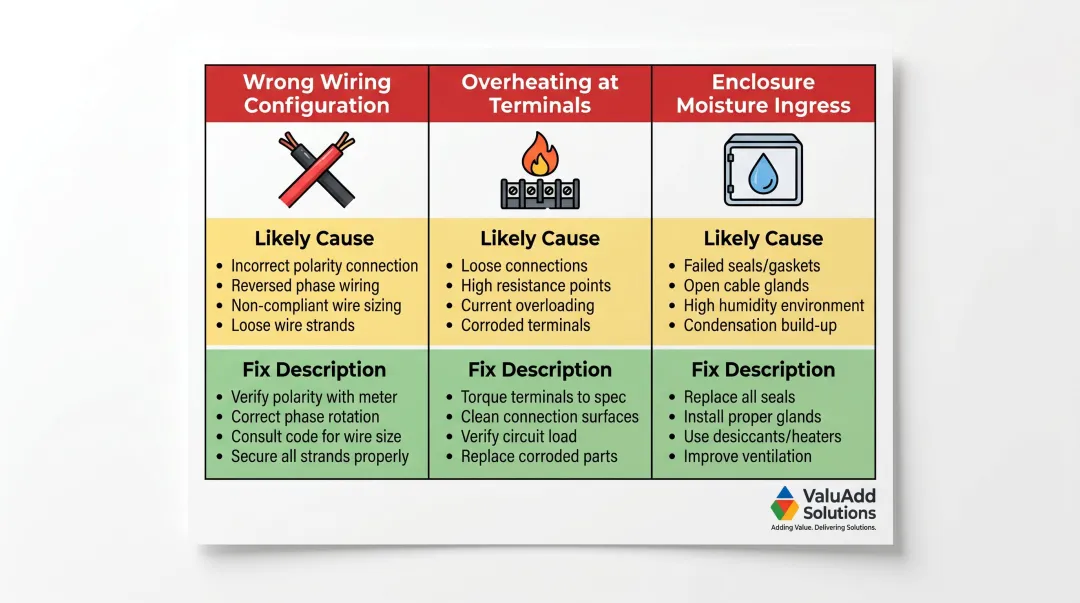 Three common disconnect switch problems causes and fixes comparison infographic