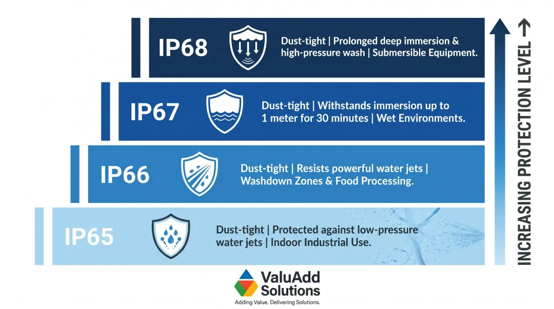 IP65 to IP68 industrial HMI protection rating hierarchy comparison chart