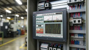 Mitsubishi GOT2000 HMI panel mounted in industrial manufacturing control enclosure