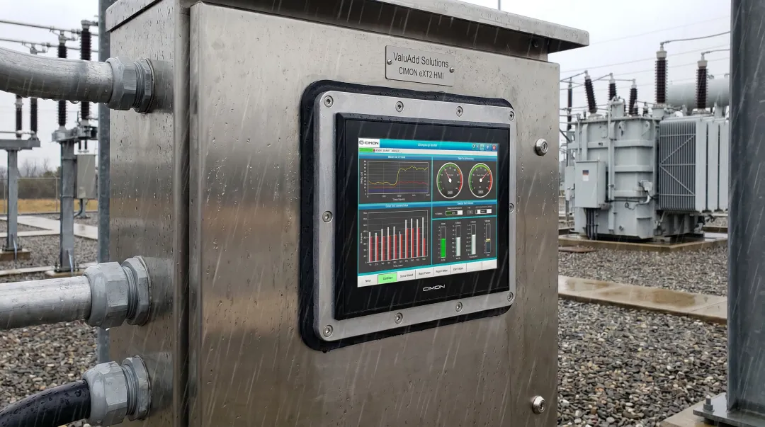 Cimon eXT2 industrial HMI display panel mounted in washdown manufacturing environment