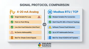 Modbus digital protocol versus 4-20mA analog loop side-by-side feature comparison infographic