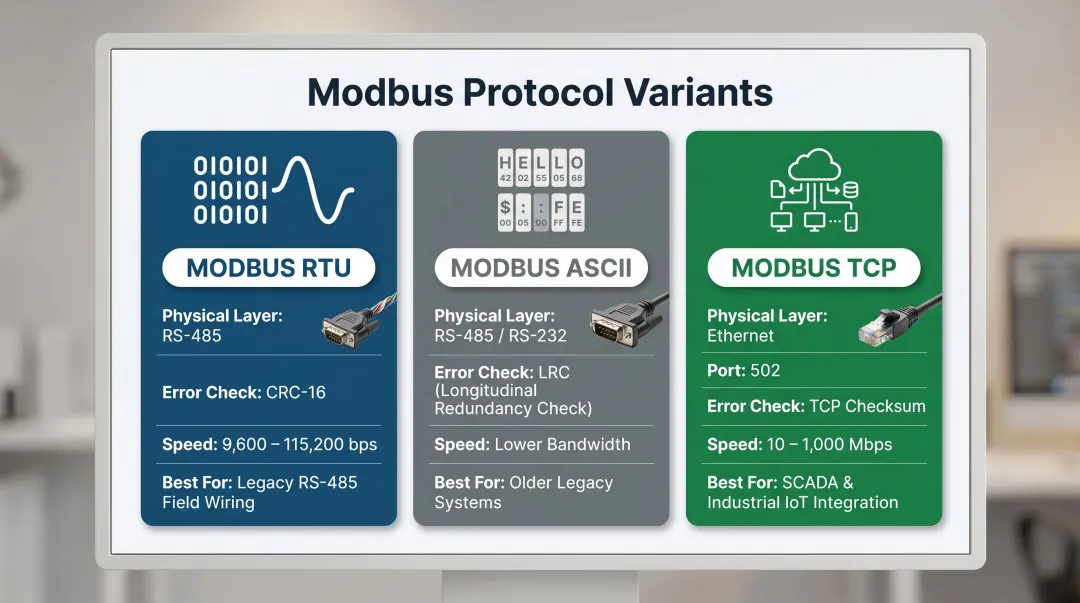 Modbus RTU versus ASCII versus TCP comparison chart key specifications and use cases