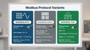 Modbus RTU versus ASCII versus TCP comparison chart key specifications and use cases