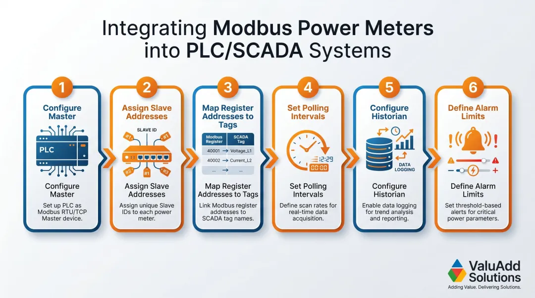 6-step Modbus power meter SCADA and PLC integration workflow process flow