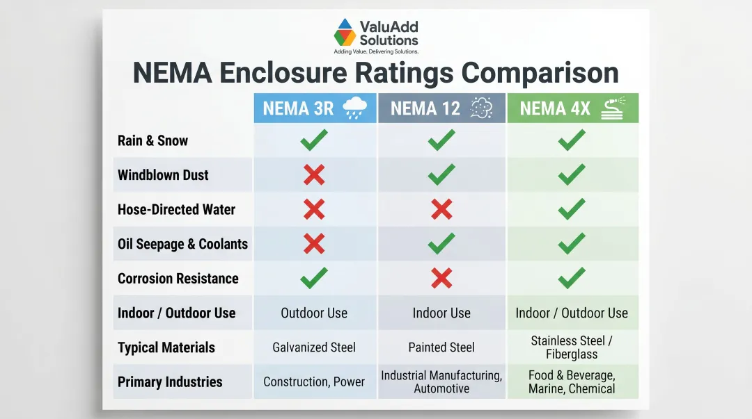 NEMA 3R versus NEMA 12 versus NEMA 4X protection comparison chart