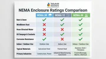 NEMA 3R versus NEMA 12 versus NEMA 4X protection comparison chart