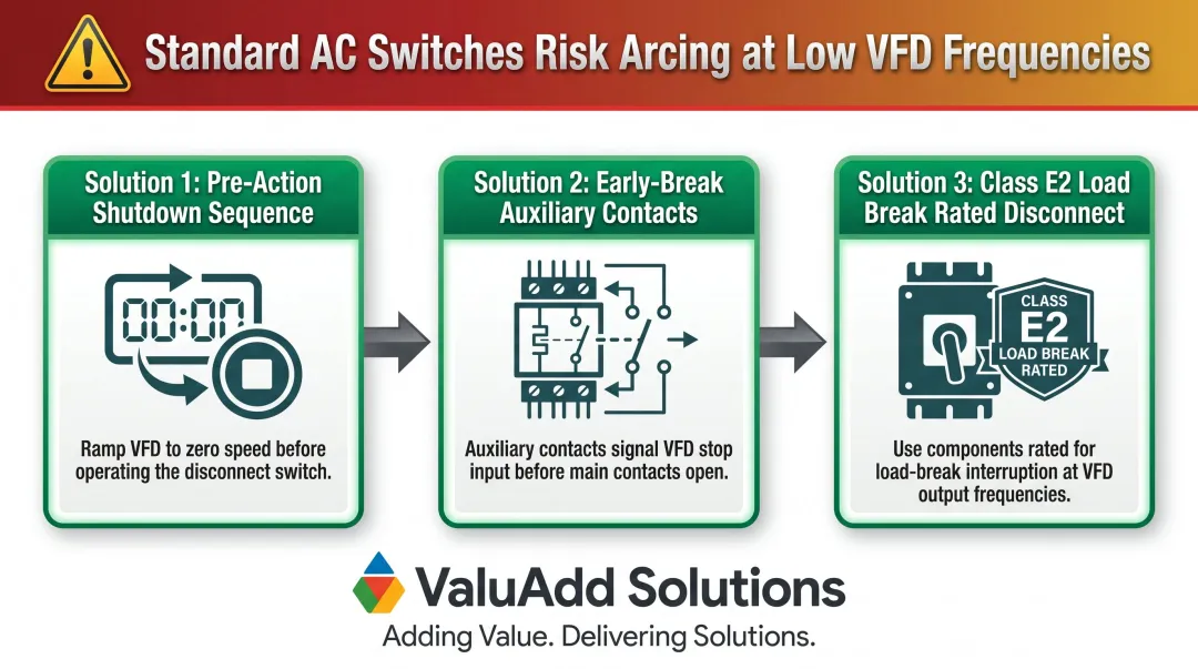 VFD output disconnect three safe design solutions with arc hazard warning infographic