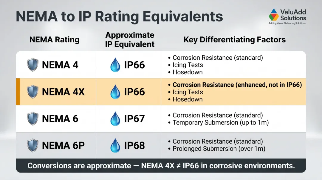 NEMA to IP rating equivalents comparison table with key differences highlighted