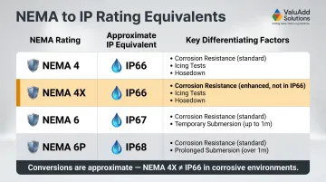 NEMA to IP rating equivalents comparison table with key differences highlighted
