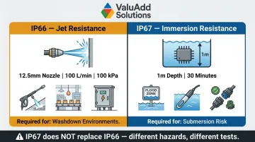 IP66 versus IP67 water protection hazard comparison side-by-side infographic