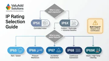 IP rating selection decision framework flowchart from dust exposure to water hazard type