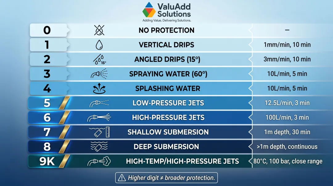 IP rating second digit water protection levels 0 through 9K comparison scale