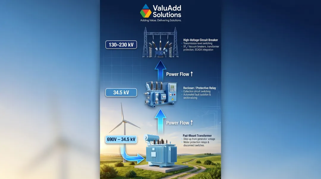 Wind farm three-tier switching voltage levels from turbine to substation infographic