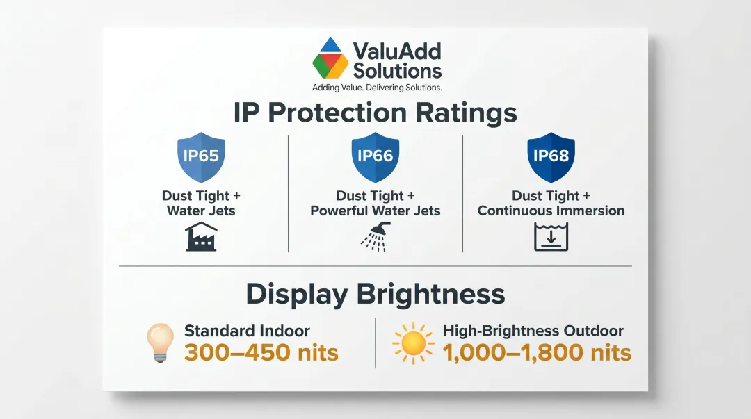 IP65 IP66 IP68 protection ratings and display brightness requirements comparison chart