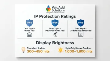 IP65 IP66 IP68 protection ratings and display brightness requirements comparison chart