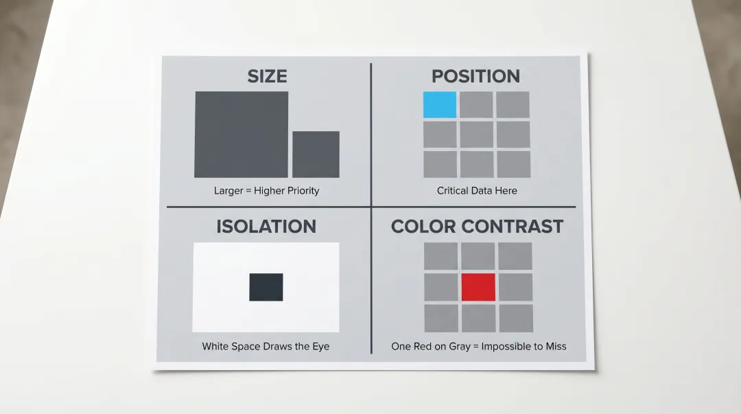 Four visual emphasis techniques for HMI screen design size position isolation contrast