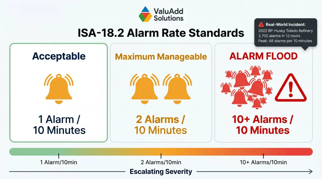 ISA-18.2 alarm rate guidelines versus alarm flood threshold comparison chart