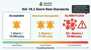 ISA-18.2 alarm rate guidelines versus alarm flood threshold comparison chart