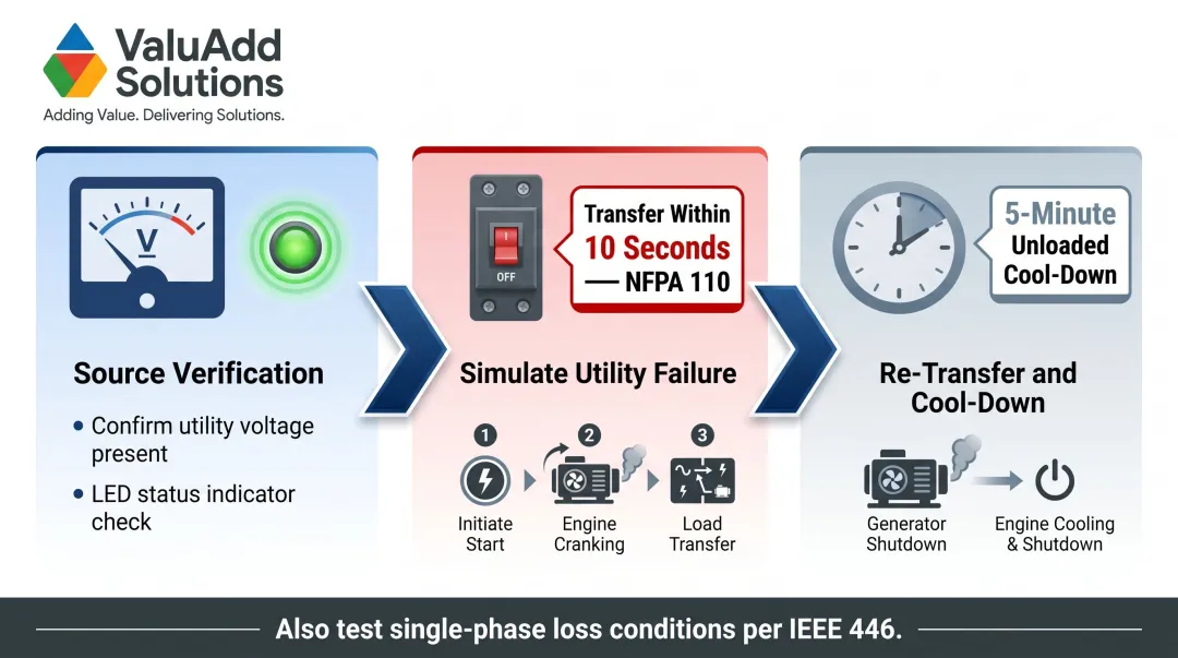 ATS functional test sequence timeline from utility failure simulation to generator cool-down