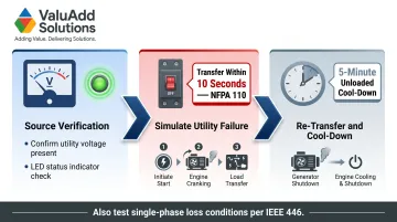 ATS functional test sequence timeline from utility failure simulation to generator cool-down