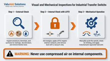 3-step visual mechanical transfer switch inspection process flow diagram
