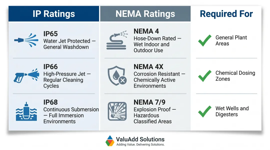 IP65 IP66 IP68 and NEMA 4X enclosure ratings comparison chart for wet environments