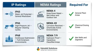 IP65 IP66 IP68 and NEMA 4X enclosure ratings comparison chart for wet environments