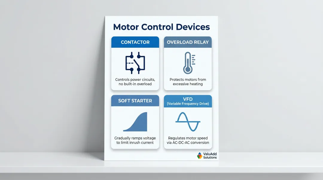 Four motor control device types comparison from contactors to VFDs infographic