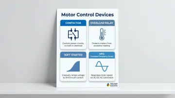 Four motor control device types comparison from contactors to VFDs infographic