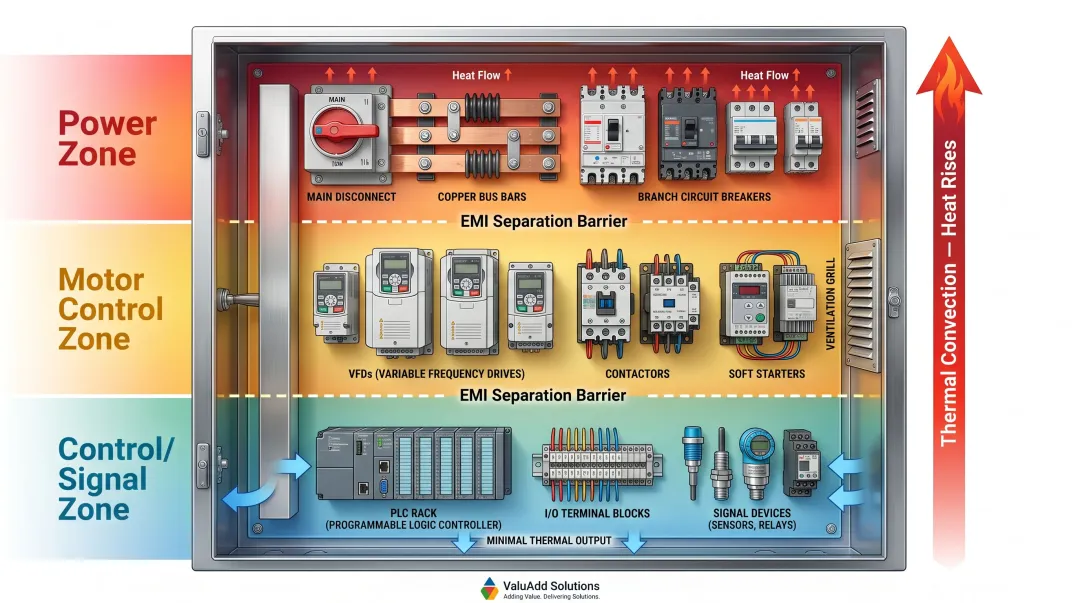 Three-layer industrial electrical panel component grouping hierarchy layout diagram
