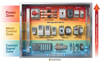 Three-layer industrial electrical panel component grouping hierarchy layout diagram