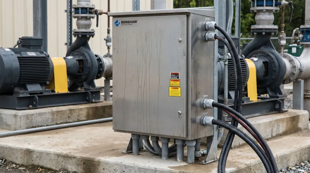 Enclosed NEMA 4X soft starter unit installed in harsh industrial environment