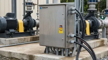 Enclosed NEMA 4X soft starter unit installed in harsh industrial environment