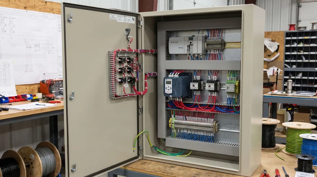 Open chassis soft starter module mounted inside custom UL 508A control panel