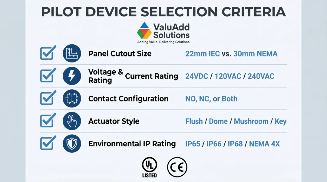 Industrial pilot device selection criteria checklist infographic for engineers and procurement teams