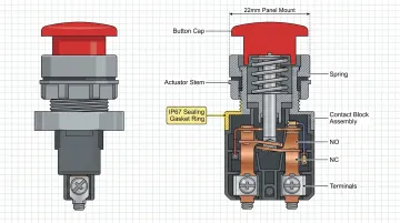 Industrial push button components showing silver alloy contacts and sealed housing construction