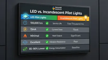 LED versus incandescent pilot light performance comparison infographic with key metrics