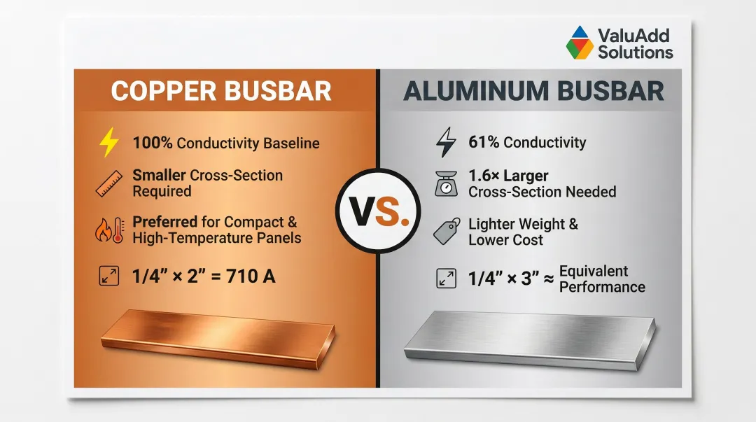 Copper versus aluminum busbar side-by-side comparison of conductivity size and application