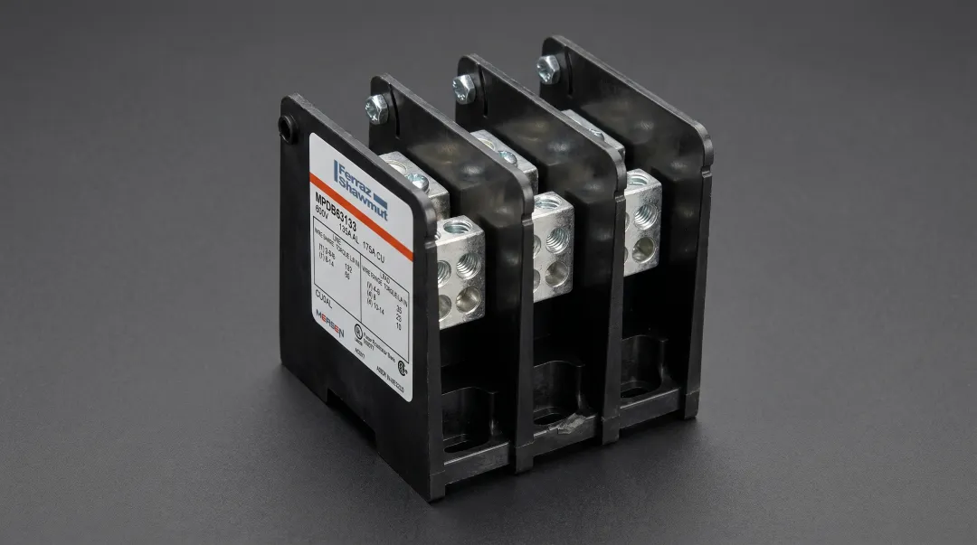 Industrial power distribution block with multiple wire terminations on copper busbar