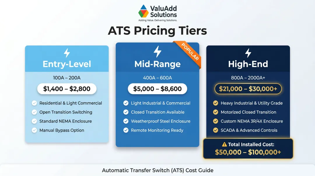 Three-tier ATS pricing comparison from entry-level to industrial high-amperage systems