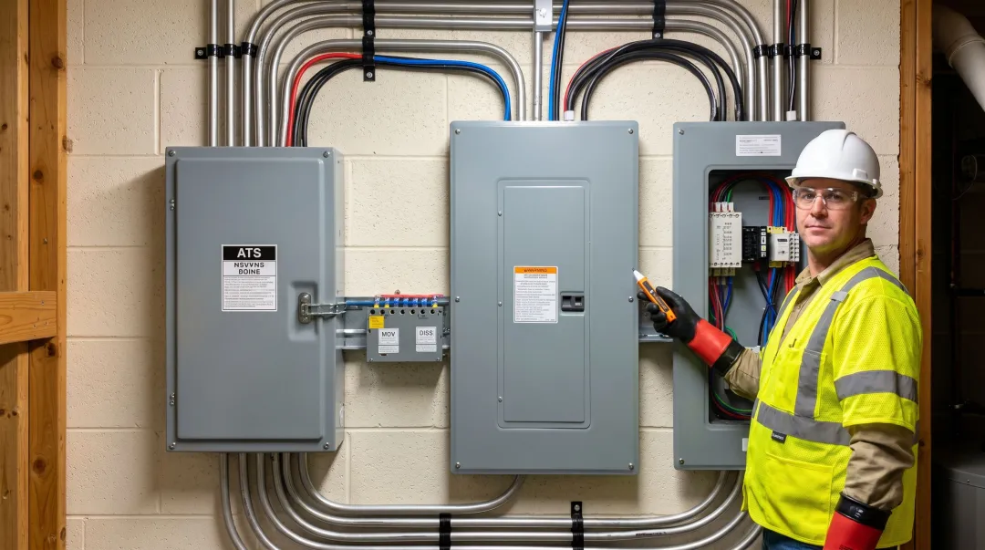 Industrial electrician installing automatic transfer switch in commercial electrical panel