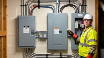 Industrial electrician installing automatic transfer switch in commercial electrical panel