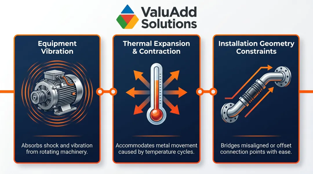 Three causes of flexible connector movement vibration thermal expansion installation geometry