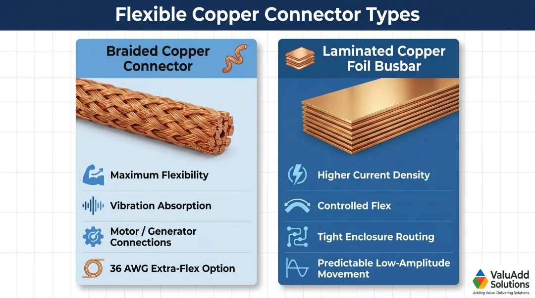Braided copper connector versus laminated copper foil busbar side-by-side comparison infographic