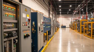 Industrial manufacturing plant floor with motor drive connections and power distribution equipment