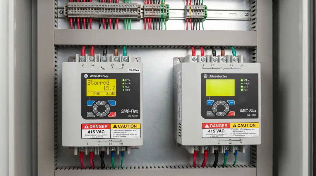 Industrial soft starter unit with thyristor controls mounted in electrical panel