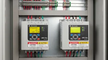 Industrial soft starter unit with thyristor controls mounted in electrical panel