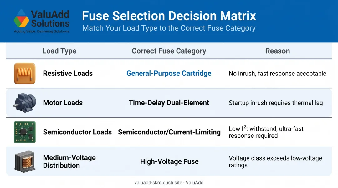 Fuse selection by load type four-category decision matrix with recommended fuse categories