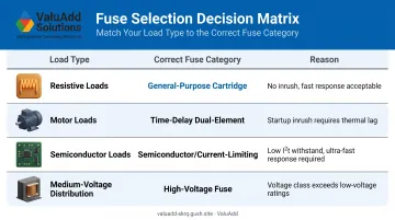 Fuse selection by load type four-category decision matrix with recommended fuse categories
