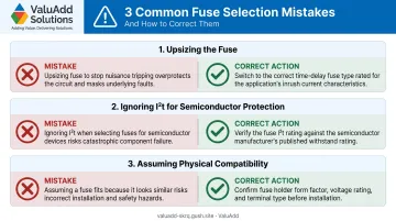 Three common fuse selection mistakes and correct solutions side-by-side warning infographic
